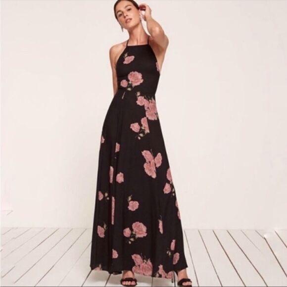 Reformation Myrtle Maxi Black Dress Floral Backless Tank Size 8 - Picture 3 of 8